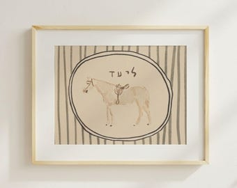 Framed Hebrew Personalized Name Art - Baby Boy Nursery Horse Print