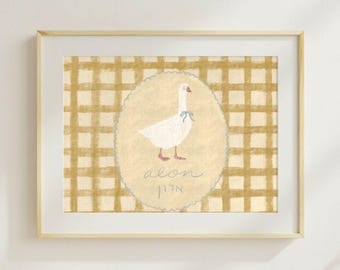 Framed Hebrew Personalized Name Art - Baby Boy Nursery Goose Print