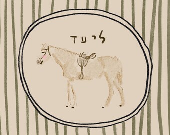 Arte personalizada com nome em hebraico para imprimir - Estampa de cavalo para quarto de bebê.