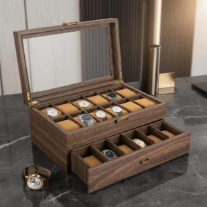 Caja para relojes con 24 compartimentos, organizador de joyas de cuero sintético con ventana de cristal.