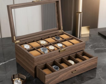 24 Compartment Watch Box, PU Leather Jewelry Organizer with Glass Window