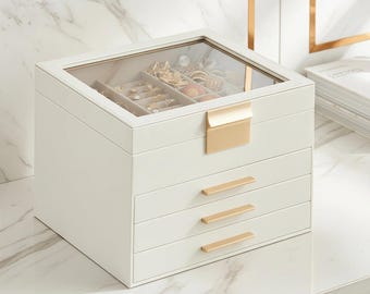 Jewelry Box with Glass Display Lid – Gray 4-Layer Organizer for Rings, Studs & Watches