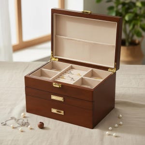May include: A dark brown wooden jewelry box with a hinged lid and two drawers. The interior is lined with a light beige fabric and features compartments for rings and other jewelry. Gold-colored hardware accents the box.