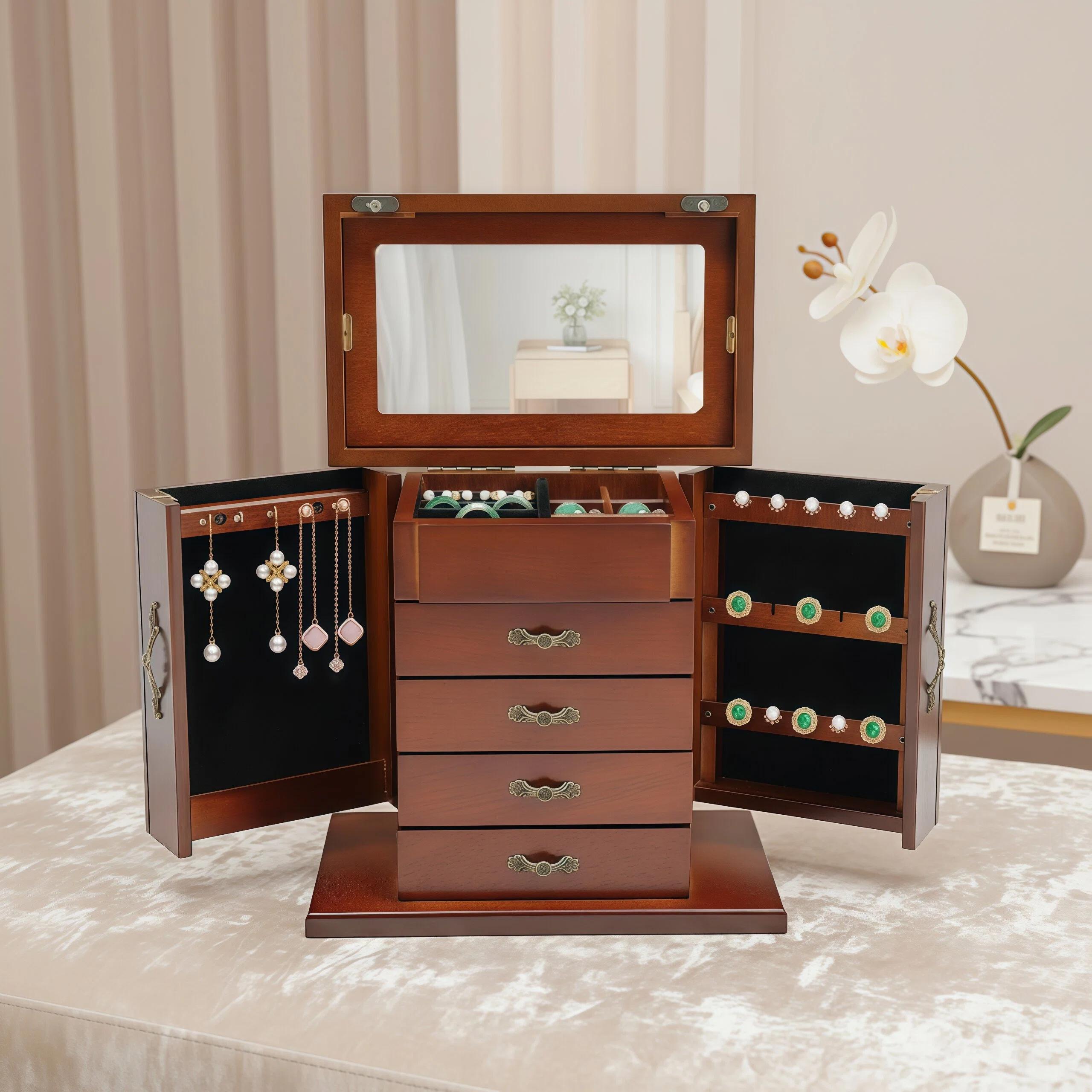 Wooden Jewelry Box With 4 Drawers – Desktop Organizer for Necklaces ...