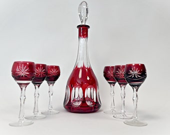 Cut Red Crystal Decanter Apertif Cordial Glasses