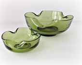 1970s Retro Avocado Green Glass Serving Bowls Wavy Glass