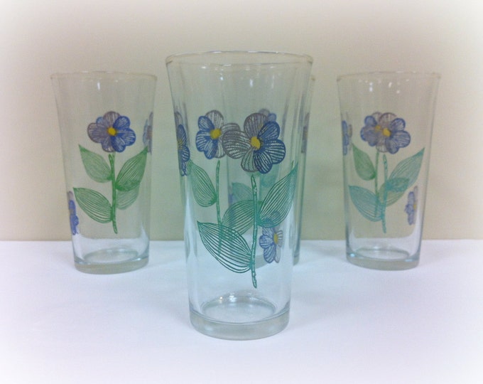 Vintage Drinking Glasses Blue Violets Etsy