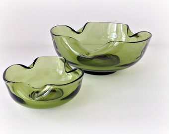 Vintage Chip and Dip Set Green Glass Retro 70s Serving Bowls