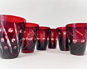 Ruby Red Cased CUT TO CLEAR Crystal Tumblers Tapered V-shaped High Ball Glasses