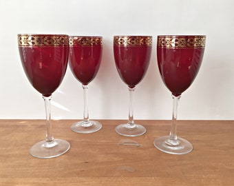 Ruby Red Crystal Gold Trimmed Wine Glasses Goblets Red Glassware Set of 4