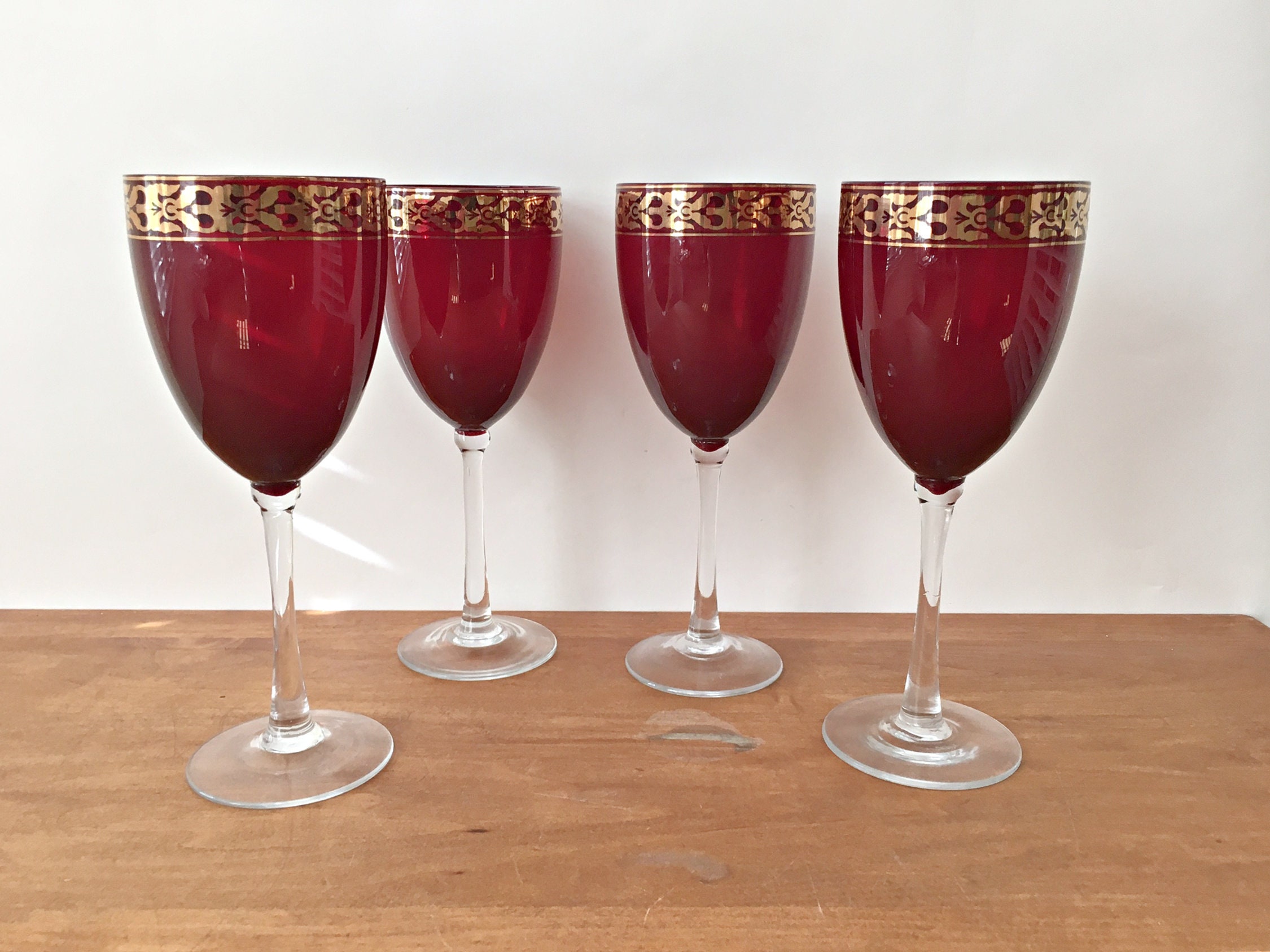 Ruby Red Crystal Gold Trimmed Wine Glasses Goblets Red Glassware Set of 4 