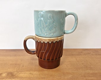 Vintage Stacking Mugs Blue and Brown Drip Made in Japan Mugs