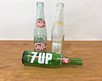 Vintage Soda Bottles 7-UP Dr Pepper Julep 1970s Soft Drink Bottles