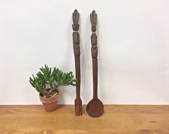 Vintage Wood Salad Servers Wall Hanging Wooden Fork and Spoon