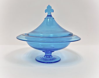 MCM Aqua Turquoise Blue Glass Covered Candy Dish Mid Century Modern