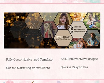 May include: A Facebook cover template with a hexagonal design. The template features a collage of photos with a blurred background of golden lights. The text "KYLEKAYE PHOTOGRAPHY" is in the center of the template. Contact information is included in the bottom right corner.