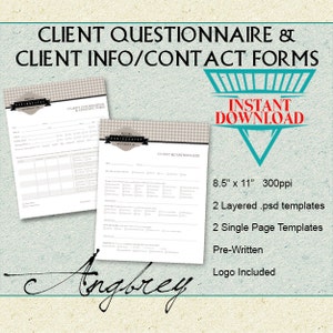 Client Questionnaire & Client Information Forms for Photographers, Photoshop Templates, INSTANT DOWNLOAD