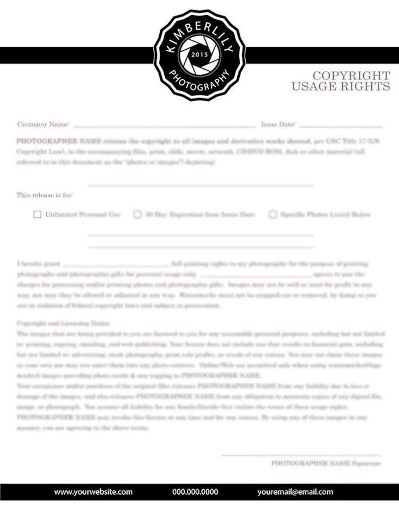 Content Usage Rights Form Copyright Usage Rights Form for Photographers, Print Release, Photoshop ...