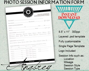 Puede incluir: Una plantilla de formulario de información de sesión fotográfica en blanco y negro con un logotipo para Kimberly Lily Photography. El formulario incluye campos para el nombre del cliente, la fecha de la sesión, la hora de la sesión, la ubicación y las indicaciones de la sesión, el tipo de sesión, el estilo de la sesión, los participantes de la sesión y la información de contacto. El formulario mide 8,5 pulgadas por 11 pulgadas y 300 píxeles por pulgada. La plantilla está en capas, es totalmente personalizable e incluye un logotipo.