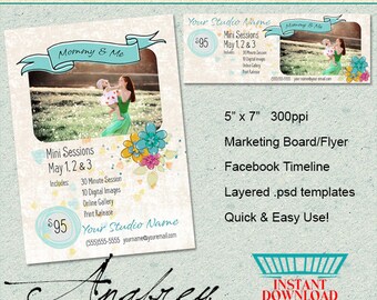 May include: A marketing board and Facebook timeline template for a photography studio. The template features a light blue and white color scheme with a floral design. The text "Mommy & Me" is featured on the template. The template is 5 inches by 7 inches and 300 pixels per inch. The template is layered and easy to use.