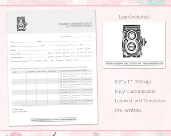 Informazioni sul cliente e modulo di contatto (per fotografi), modulo di informazioni sul cliente, modello di Photoshop completamente modificabile, download istantaneo