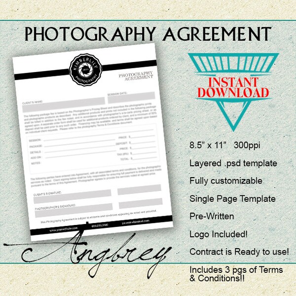 Contract Form for Photographers with 3 pages of Terms & Conditions, Photography Agreement, Photoshop Template (4 pages total)