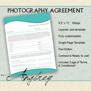 Contract Form for Photographers, Photography Agreement, Terms & Conditions, Photoshop Template (4 pages)