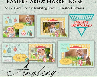 May include: A set of four printable Easter card and marketing templates featuring a light blue background with a yellow and white patterned frame. The templates feature a child in each frame with a bunny and Easter eggs. The text "Happy Easter" is included on the card templates. The text "Instant Download" is included on the marketing board template.