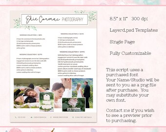 Modello di modulo prezzi per collezioni di matrimoni, per fotografi, modello photoshop modificabile, download istantaneo