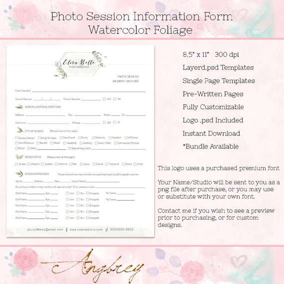 Photo Session Information Form For Photographers Photoshop Etsy