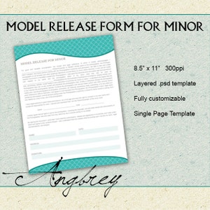 Model Release Form for MINOR for Photographers, Photoshop Template, Marketing Template