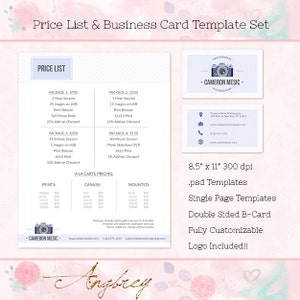 Price List, Business Card Templates for Photographers, Business Forms, Marketing, Photoshop Templates