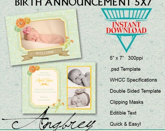 Birth Announcement 5x7 Card (double sided) - Instant Download