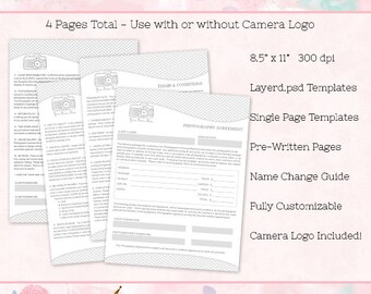Forma del contratto per fotografi, fotografia contratto, termini e condizioni, Photoshop Template (4 pagine)