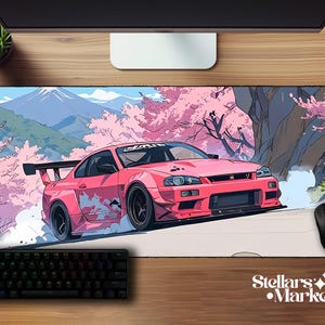 Anime GTR Racing Deskmat | Skyline R34 Godzilla Mouse Pad | Pink City Lights Design | Neoprene Desk Gift | Gaming Office Decor