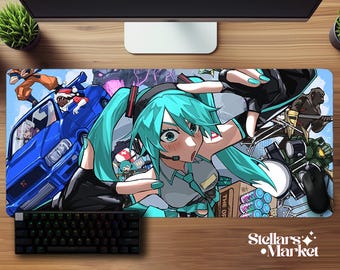 Alfombrilla de escritorio Glitch Girl / Alfombrilla de ratón azul de anime / Alfombrilla de escritorio para juegos / Alfombrilla de ratón de neopreno / Accesorio de escritorio de oficina / Regalo para gamers de anime