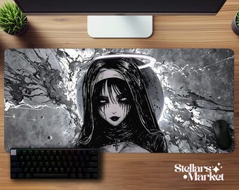 May include: A black and white mousepad featuring a gothic nun illustration with a halo. The design includes a cross pendant and a dark, dramatic aesthetic. The mousepad has the text "Stellars Market" in the bottom right corner.