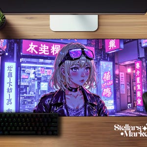 Lofi Anime Skrivbordsmatta | Cyberpunk Neonlila Musmatta | Futuristiskt Skrivbordstillbehör | Stor Neopren Gamingmatta | Skrivbordspresent