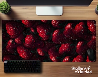 Strawberry Cute Mousepad Large | Pink Fruit Aesthetic Gaming Desk Mat | Gift Office Setup