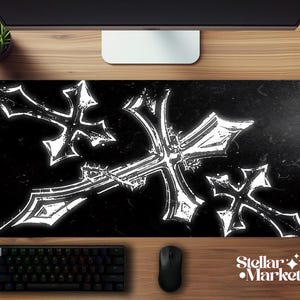 Y2K Gothic Cross Mousepad XL | Black White Edgy Gaming Desk Mat | Aesthetic Gift Gamer image 2