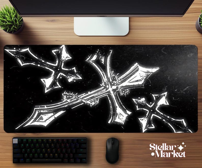 Y2K Gothic Cross Mousepad XL | Black White Edgy Gaming Desk Mat | Aesthetic Gift Gamer image 2