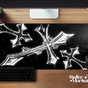 Y2K Gothic Cross Mousepad XL | Black White Edgy Gaming Desk Mat | Aesthetic Gift Gamer image 1