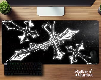 Y2K Gothic Kreuz Mousepad XL | Schwarz Weiß Kantige Gaming Schreibtischunterlage | Ästhetisches Geschenk Gamer