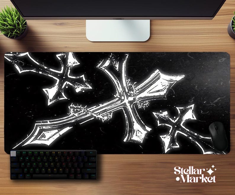 Y2K Gothic Cross Mousepad XL | Black White Edgy Gaming Desk Mat | Aesthetic Gift Gamer image 1