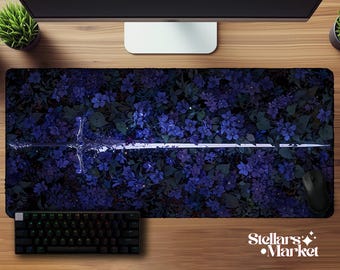 Fallen Warrior Deskmat | Medieval Sword Purple Flowers Mouse Pad | Gaming Desk Mat | Mousepad | Office Desk Accessory | Fantasy Gift