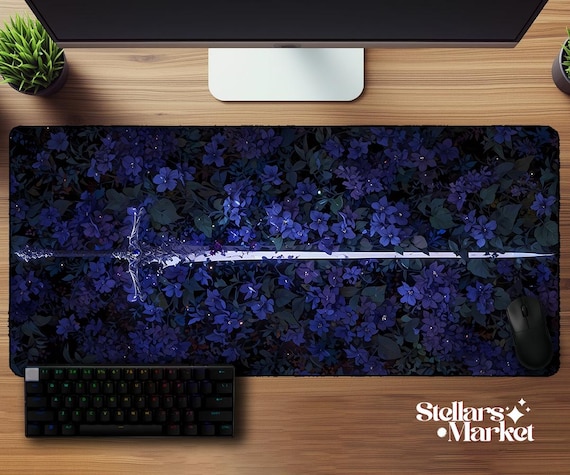 Fallen Warrior Deskmat | Medieval Sword Purple Flowers Mouse Pad | Gaming Desk Mat | Mousepad | Office Desk Accessory | Fantasy Gift