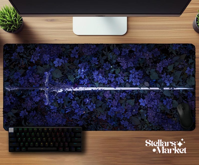 Fallen Warrior Deskmat | Medieval Sword Purple Flowers Mouse Pad | Gaming Desk Mat | Mousepad | Office Desk Accessory | Fantasy Gift image 1