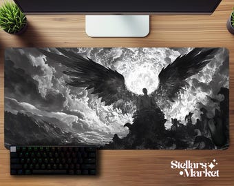 Mörka Änglavingar Musmatta XL | Svartvit Gotisk Gaming Skrivbordsmatta | Gamer Present Setup
