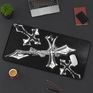 Y2K Gothic Cross Mousepad XL | Black White Edgy Gaming Desk Mat | Aesthetic Gift Gamer image 7
