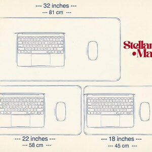 May include: Illustration of three rectangular desk mats with a laptop and mouse. The largest mat is 32 inches (81 cm) long and 16 inches (40 cm) wide. The other two mats are 22 inches (58 cm) and 18 inches (45 cm) long, both 12 inches (30 cm) wide. The text "Stellars Market" is in the upper right.
